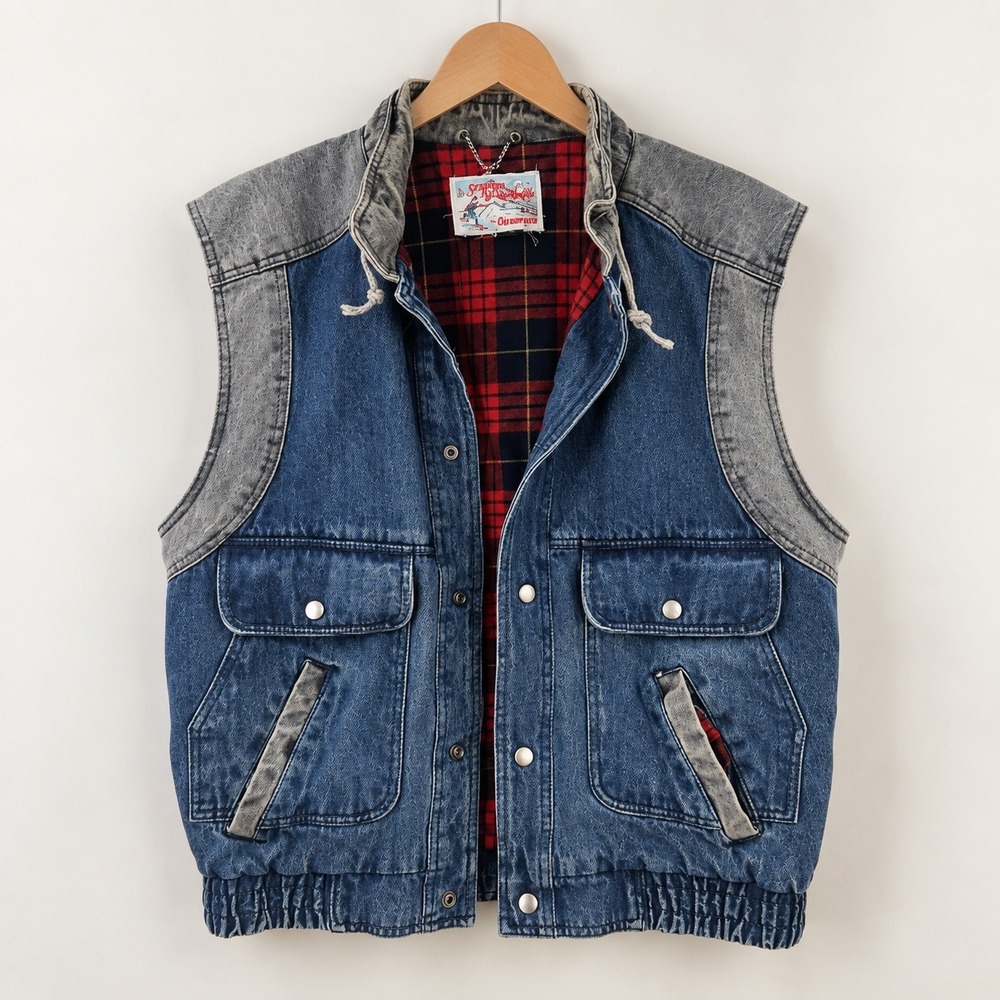 Fieldston Gorpcore Plaid Lined Denim Vest Mens L Vintage Grunge Workwear Retro
